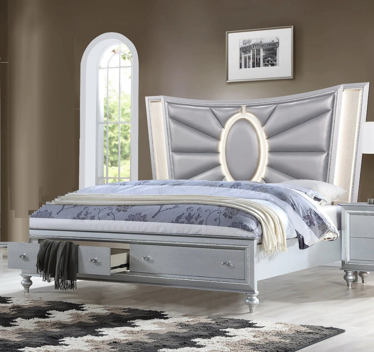 Silver Queen Size Storage Drawers LED Headboard Bed N29542