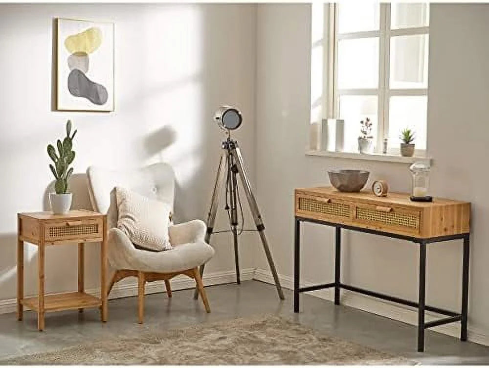 Set of 2 Rustic Rattan Nightstand with 2-Drawer N62814
