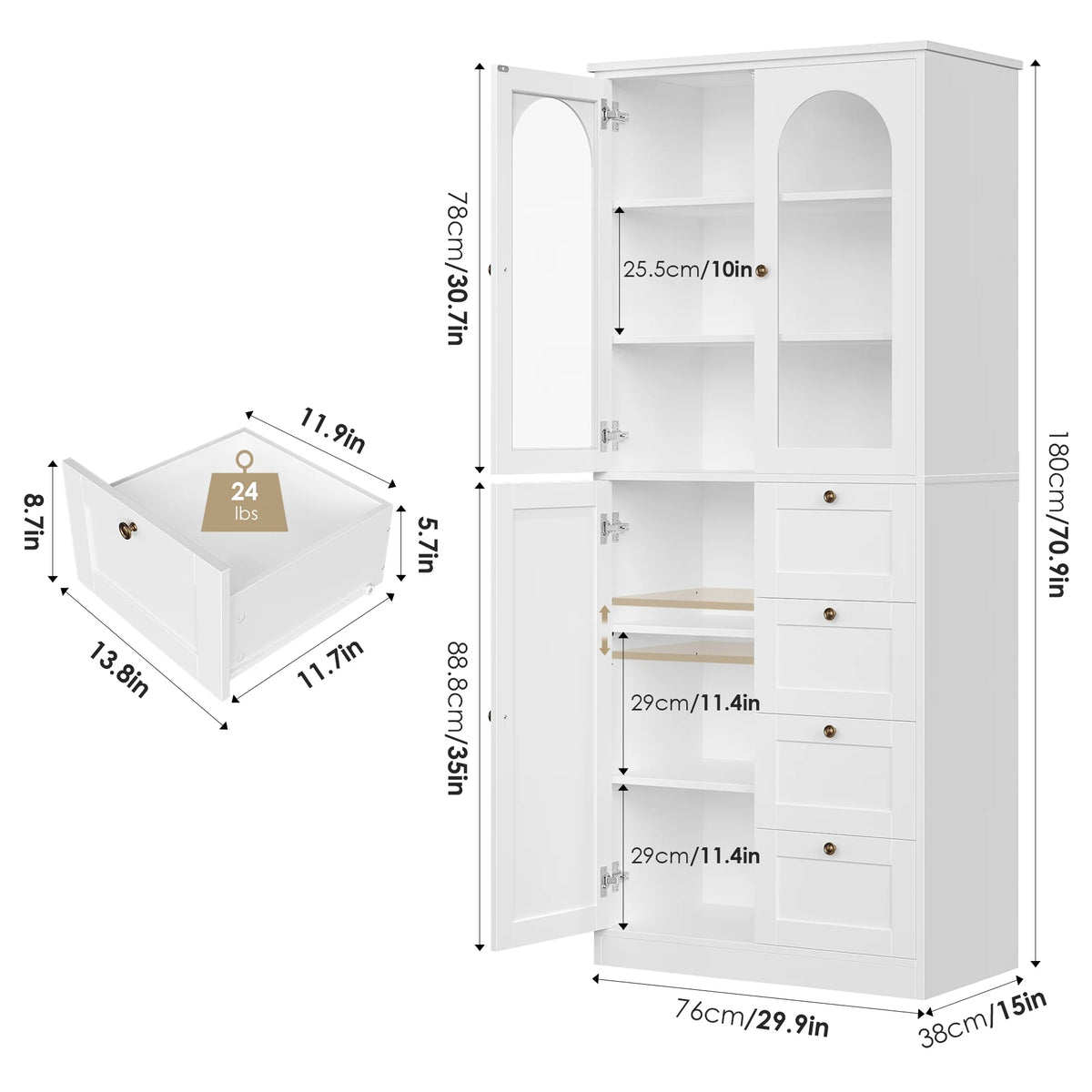 White Kitchen Pantry Cabinet with 2 Glass Doors and 4 Drawers G2423