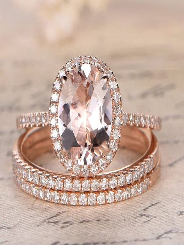 2 carat Morganite and Diamond Trio Ring Set in 10k Rose Gold Y180