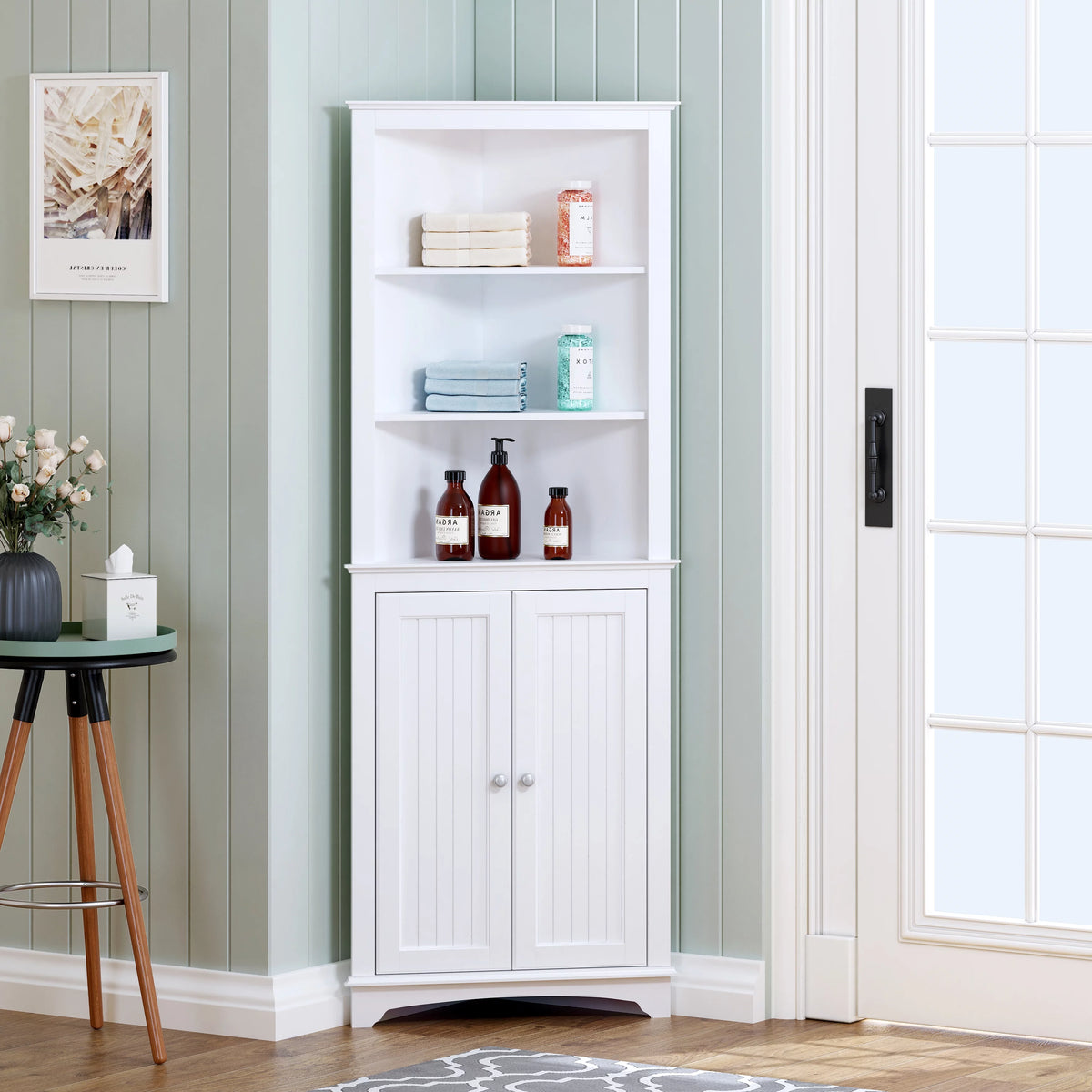 White Tall Corner Cabinet with 2 Shutter Doors O3987
