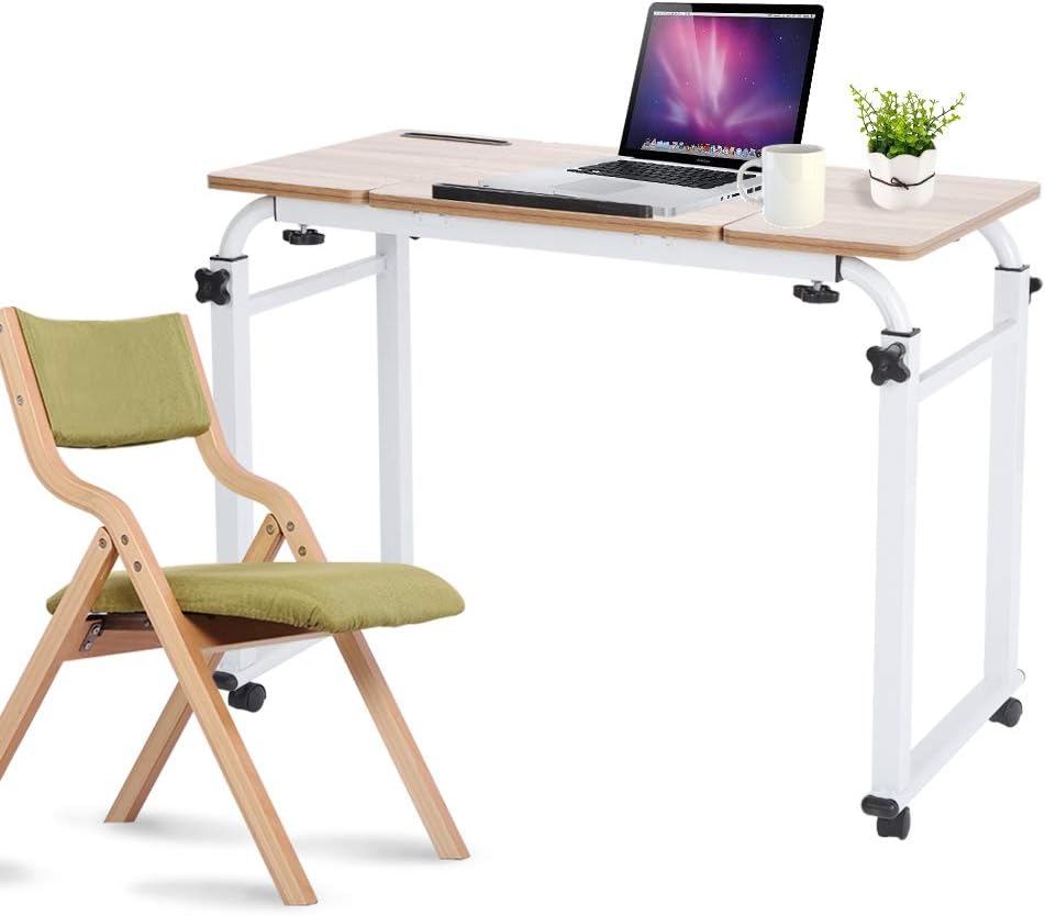 Overbed Table Mobile Computer Desk with Wheels Metal Legs Storage Shelves 47.24inch Black W472791