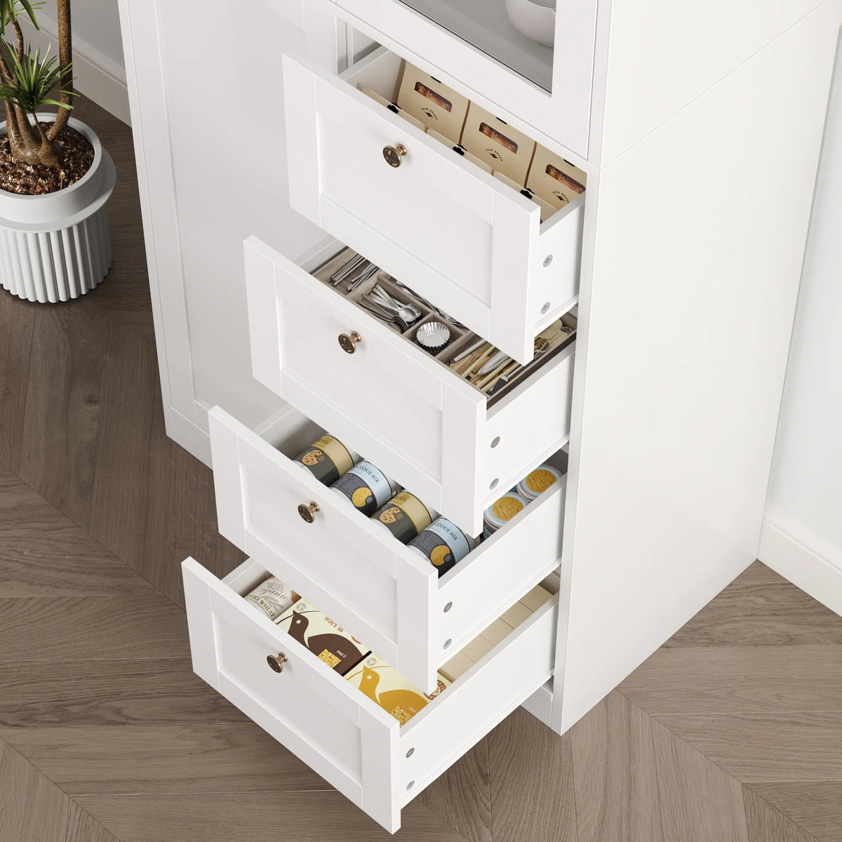 White Kitchen Pantry Cabinet with 2 Glass Doors and 4 Drawers G2423