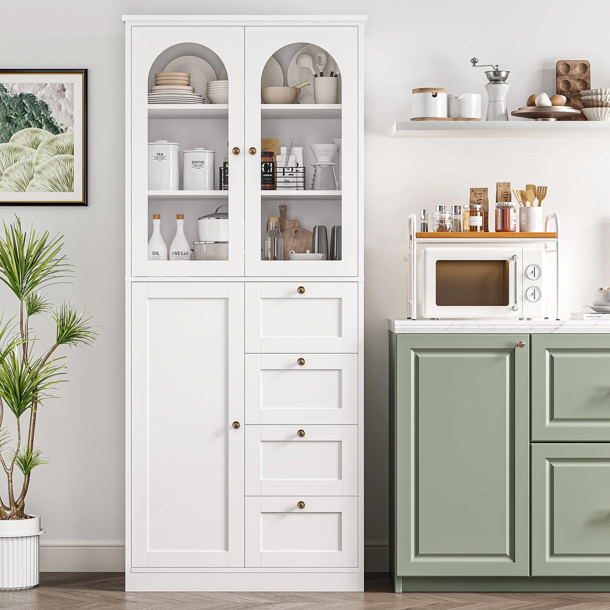 White Kitchen Pantry Cabinet with 2 Glass Doors and 4 Drawers G2423