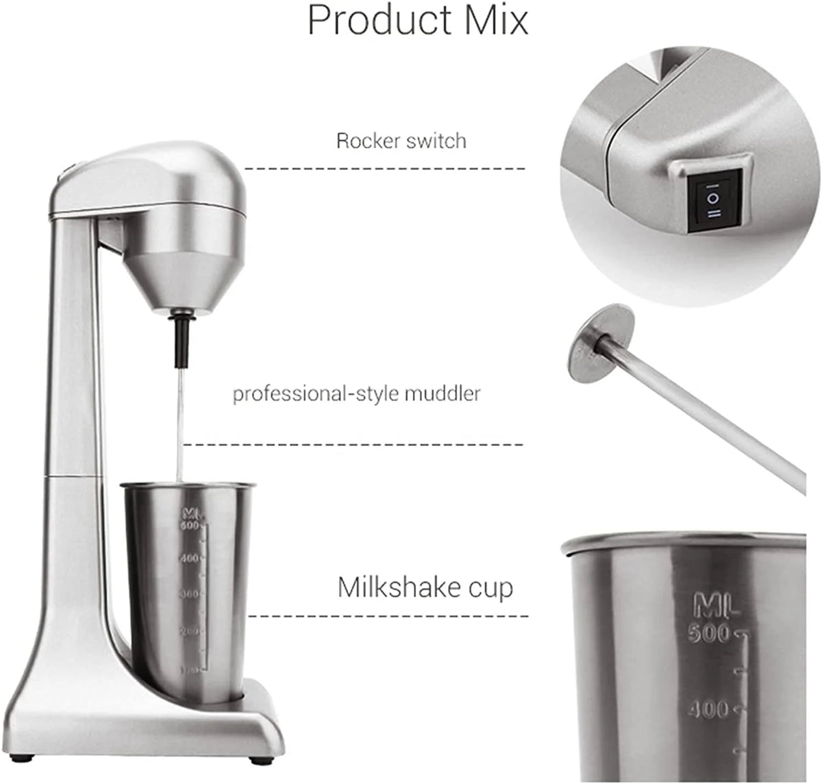 110V 23000RPM Electric Milk Shaker Machine with 500ml Stainless Steel Cup D4655