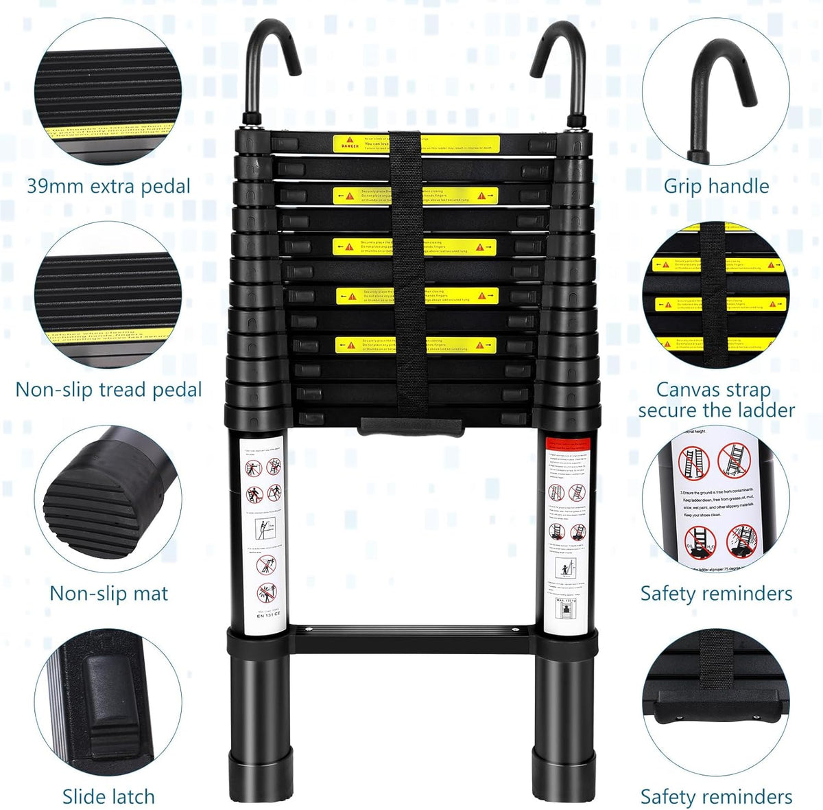 12.5FT Aluminum Telescoping Folding Ladder with Hook, 330lbs Load Capacity M98903