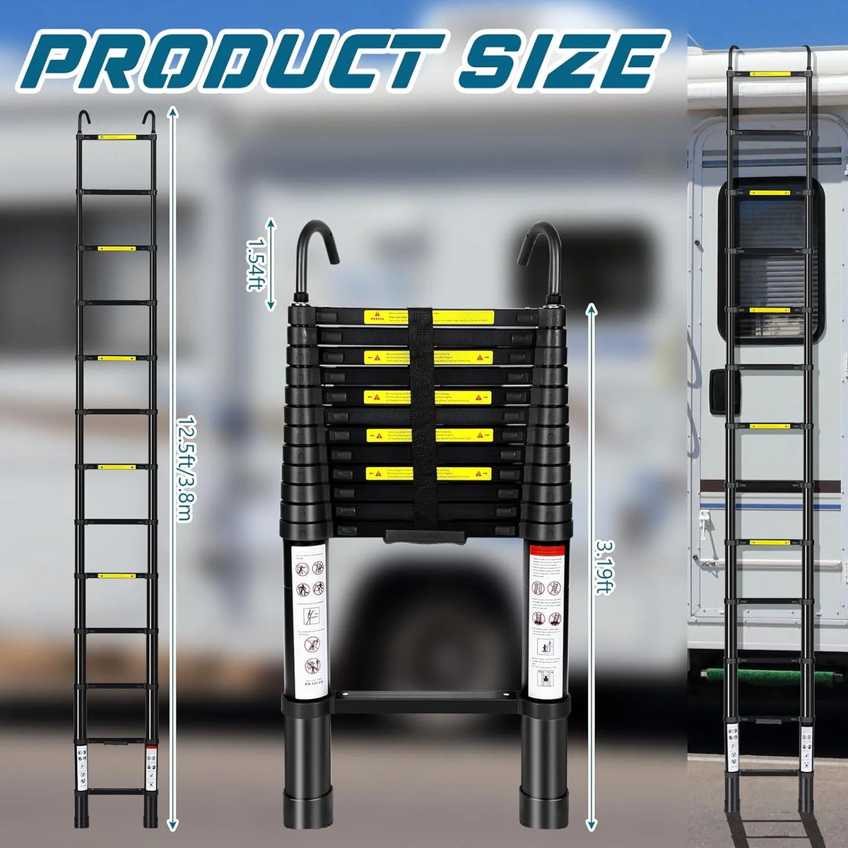 12.5FT Aluminum Telescoping Folding Ladder with Hook, 330lbs Load Capacity M98903