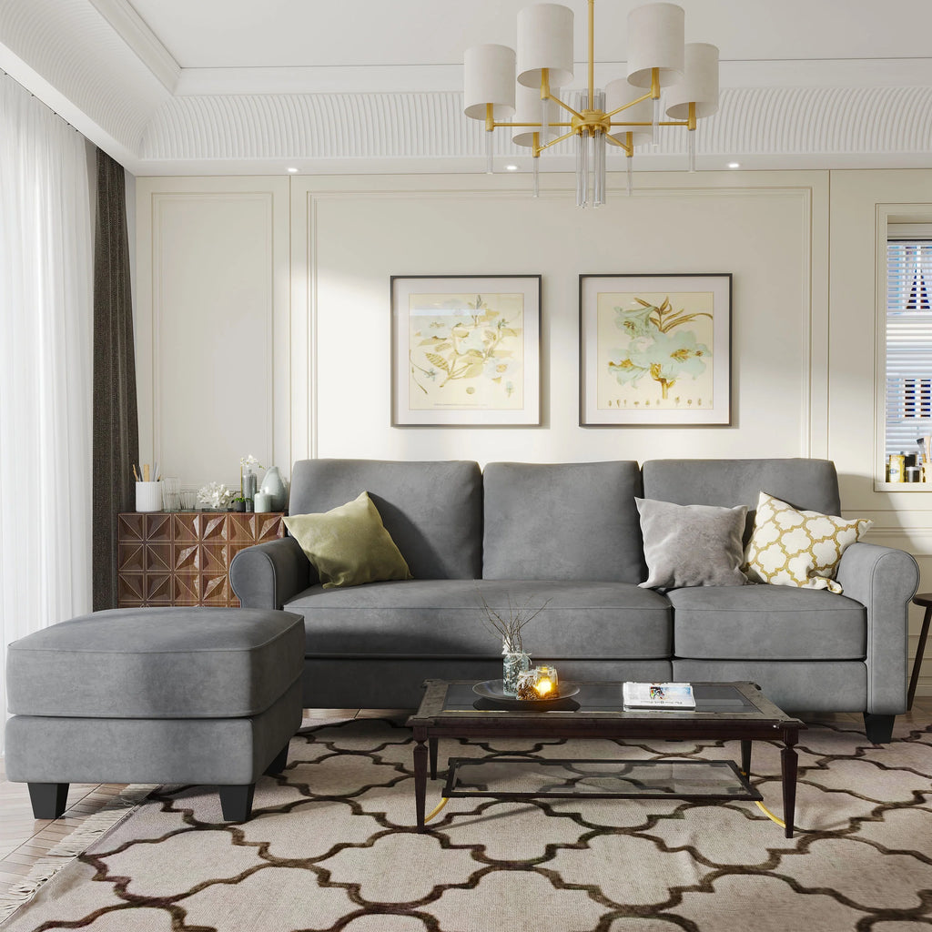 Grey Suede Convertible Sectional Sofa with Chaise E38475