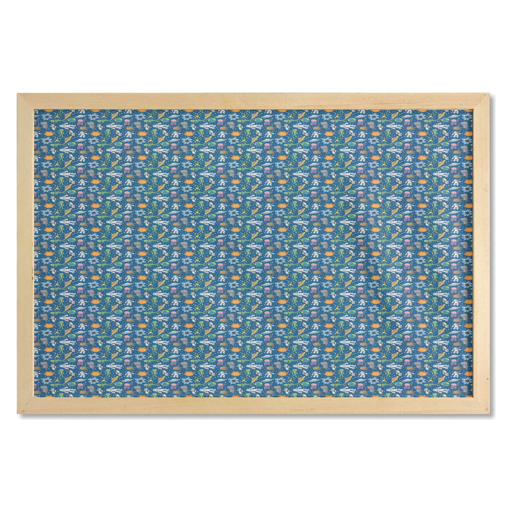 Ufo Aliens and Human Astronaut Making Friends Caricature Galaxy Pattern Printed Fabric Poster with Frame, 35" x 23", Multicolor W5968