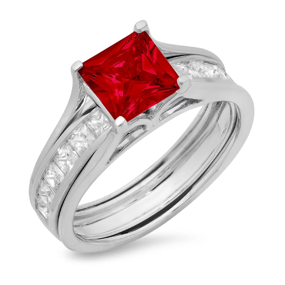 Princess Cut Red Natural Garnet 18k White Gold Ring Band Set Size 3.5 V12085
