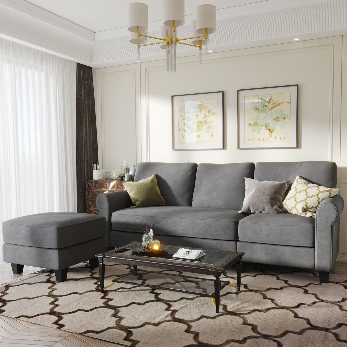 Grey Suede Convertible Sectional Sofa with Chaise E38475