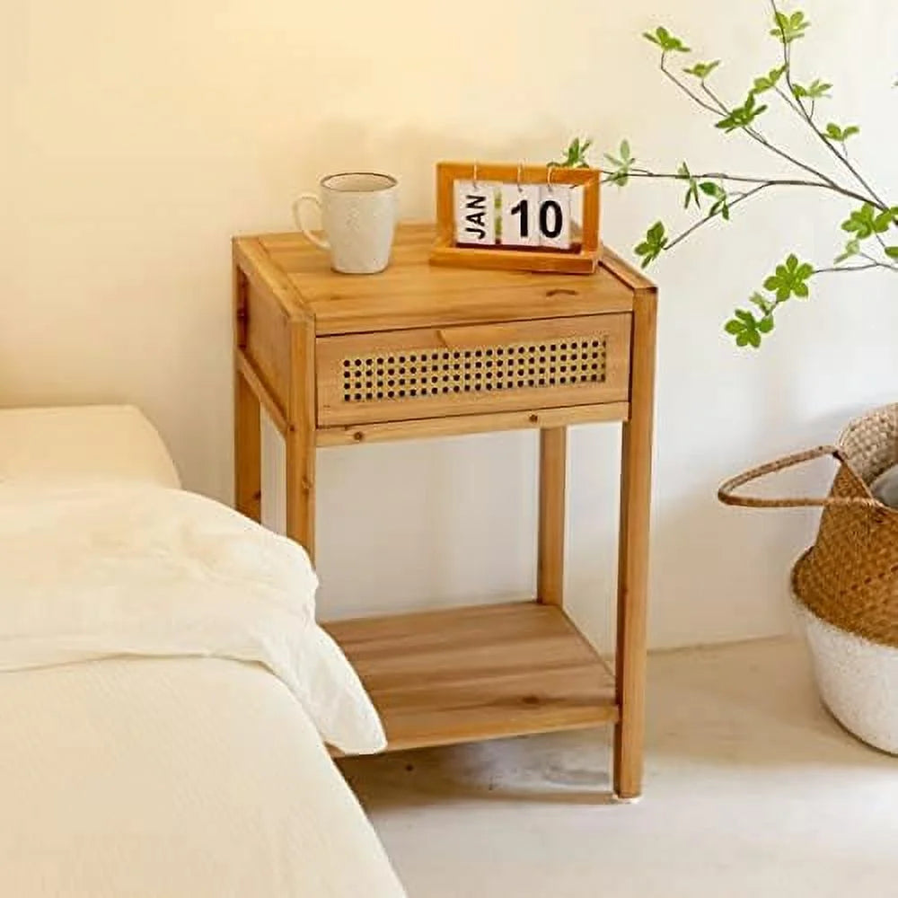 Set of 2 Rustic Rattan Nightstand with 2-Drawer N62814