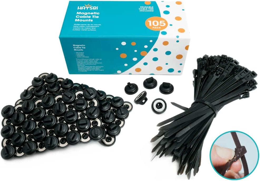 105 Pack Black Magnetic Cable Zip Tie Mounts with Neodymium Magnets T41479