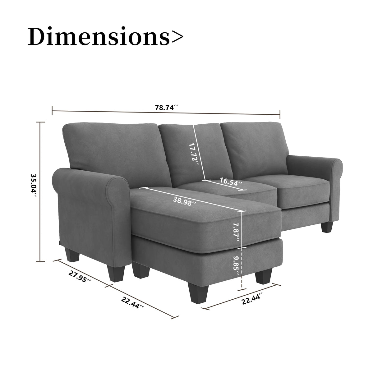 Grey Suede Convertible Sectional Sofa with Chaise E38475