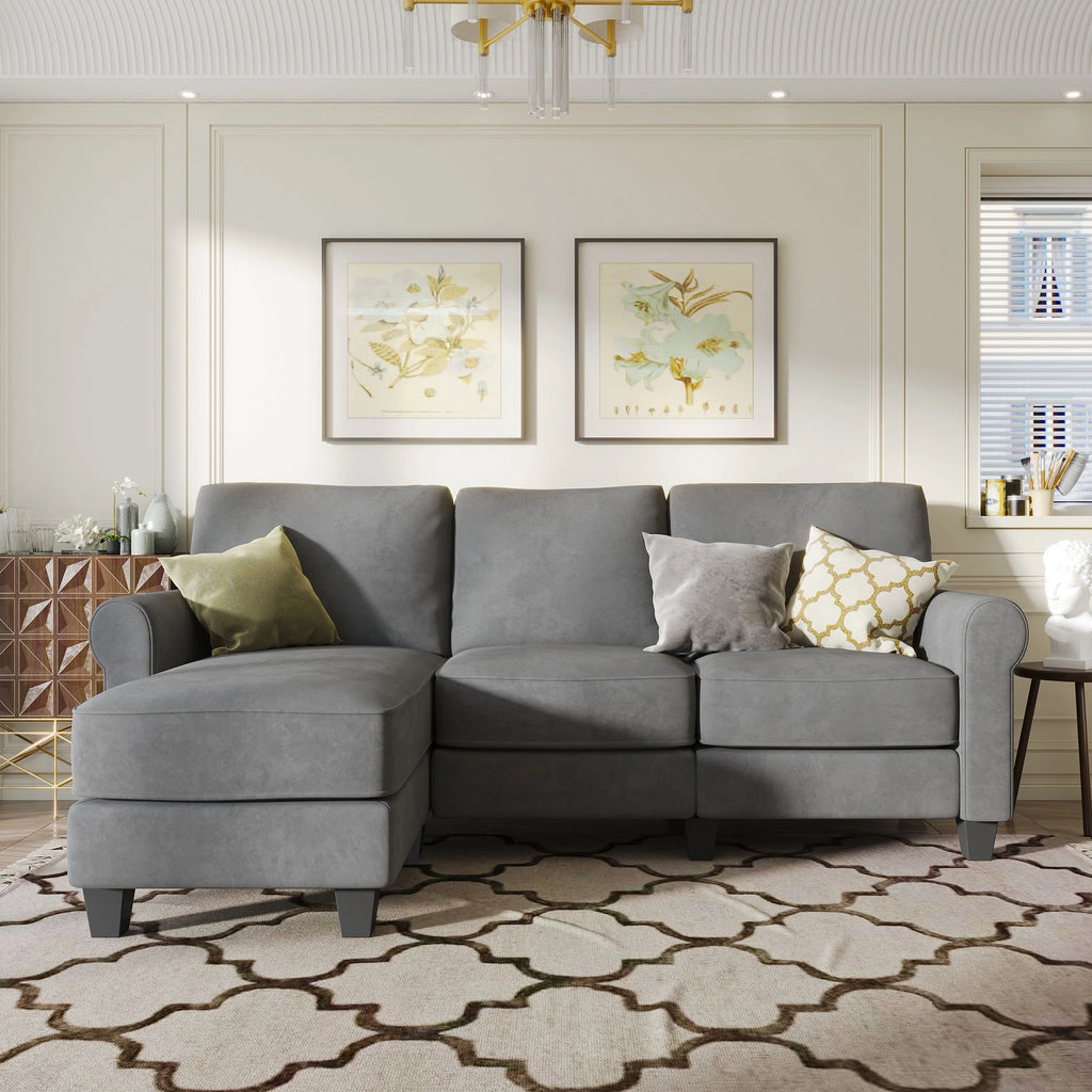 Grey Suede Convertible Sectional Sofa with Chaise E38475