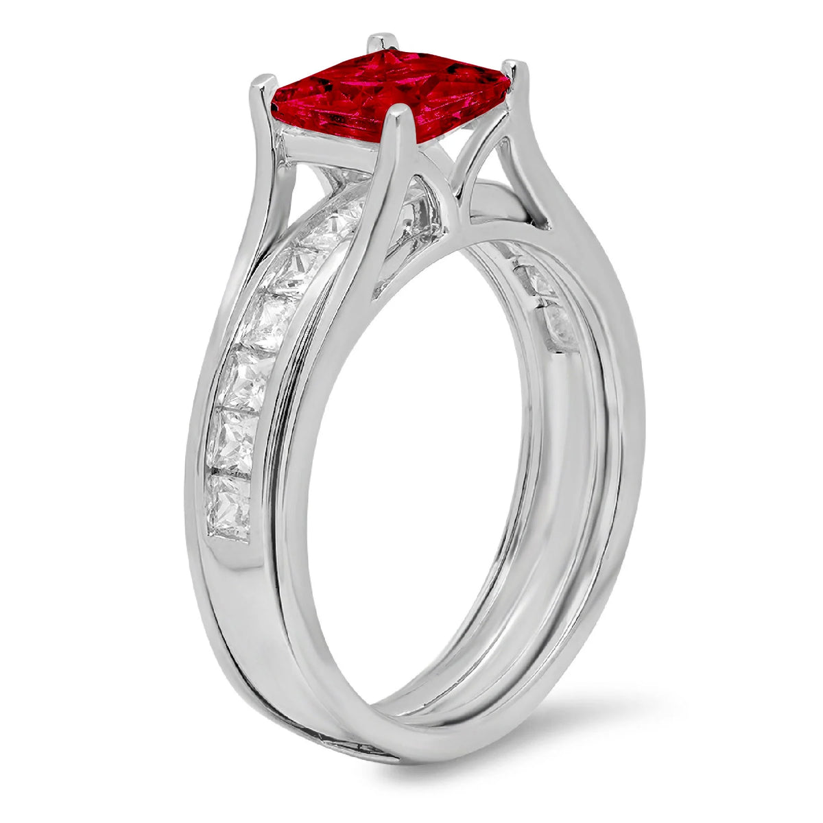 Princess Cut Red Natural Garnet 18k White Gold Ring Band Set Size 3.5 V12085
