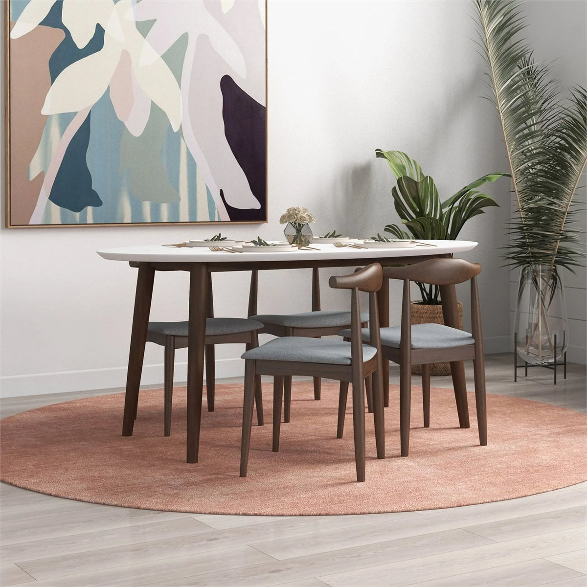 Solid Wood Walnut Oval Dining Table and Chair Set for 4 X8747